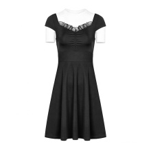 PUNK RAVE OPQ-360 Summer Casual Dresses Black Short Sleeve Folding Halter Dinner Dress Plus Size Lace Vintage Chiffon Plain Dyed